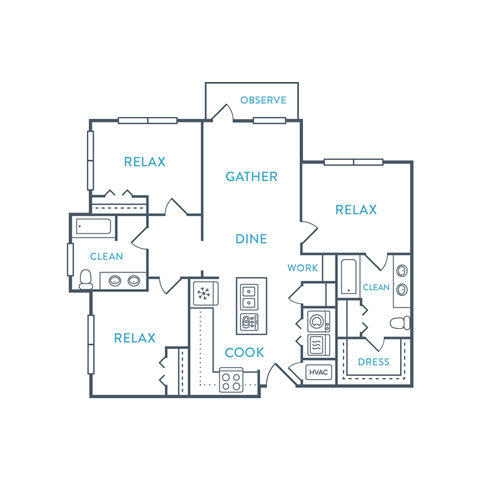 Floor plan for 3 beds, 2 baths, 1388 sqft