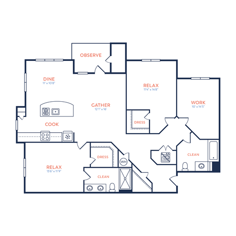 Floor plan for 2 beds, 2 baths, 1403 sqft