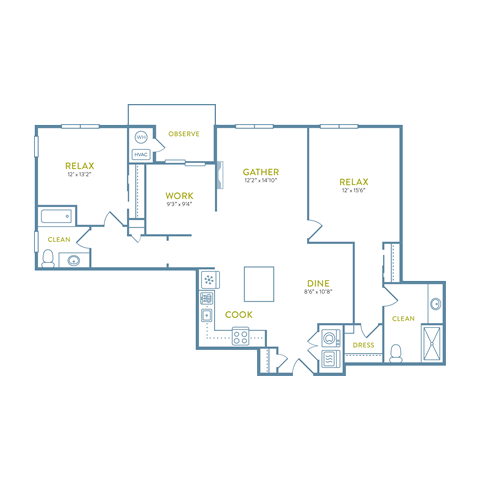 Floor plan for 2 beds, 2 baths, 1410 sqft