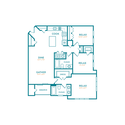 Floor plan for 3 beds, 2 baths, 1429 sqft