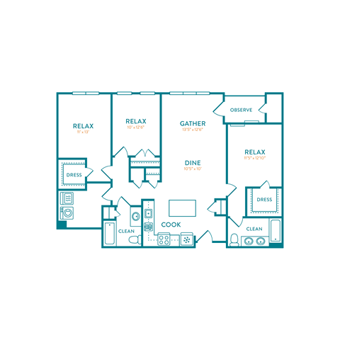 Floor plan for 3 beds, 2 baths, 1441 sqft