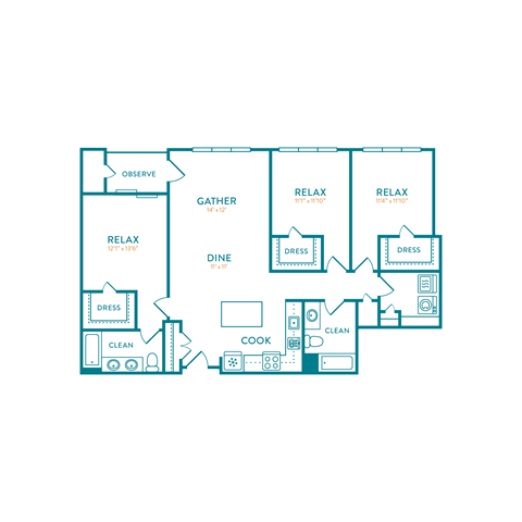 Floor plan for 3 beds, 2 baths, 1514 sqft