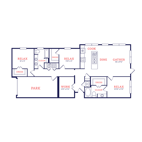 Floor plan for 3 beds, 2 baths, 1527 sqft