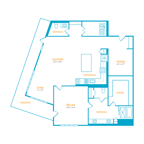 Floor plan for 1 bed, 1.5 baths, 1530 sqft