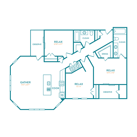 Floor plan for 3 beds, 2 baths, 1536 sqft