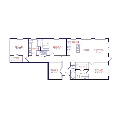 Floor plan for 3 beds, 2 baths, 1540 sqft