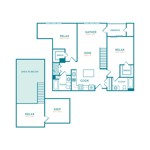 Floor plan for 2 beds, 2 baths, 1541 sqft