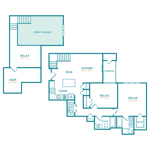 Floor plan for 2 beds, 2 baths, 1591 sqft
