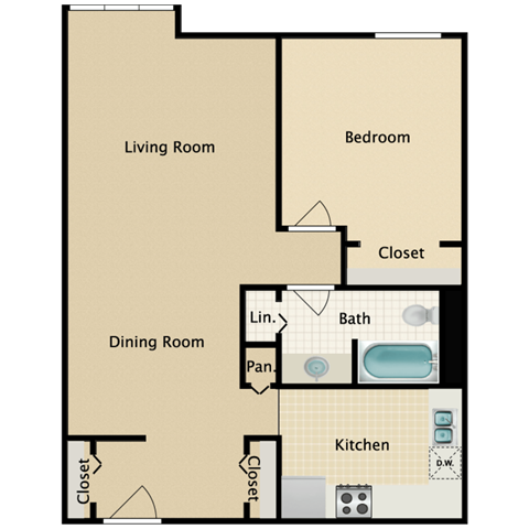 Floor plan for 1 bed, 1 bath, 700 sqft