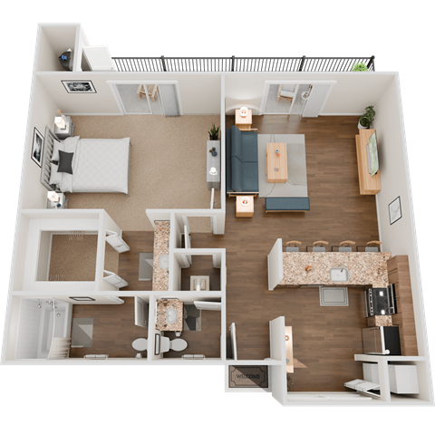Floor plan for 1 bed, 1.5 baths, 880 sqft