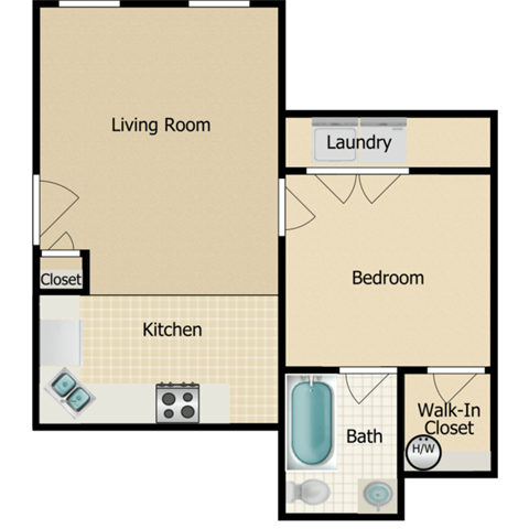 Floor plan for 1 bed, 1 bath, 620 sqft