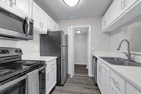 Orlando apartment for rent - A black refrigerator in a white kitchen.