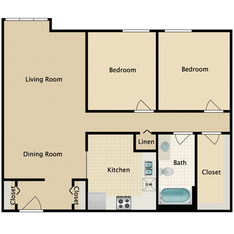 Floor plan for 2 beds, 1 bath, 850 sqft