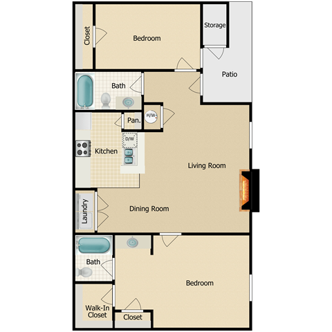 Floor plan for 2 beds, 2 baths, 882 sqft