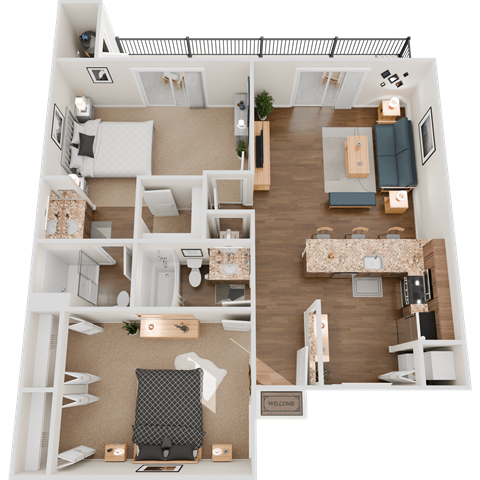 Floor plan for 2 beds, 2 baths, 1000 sqft
