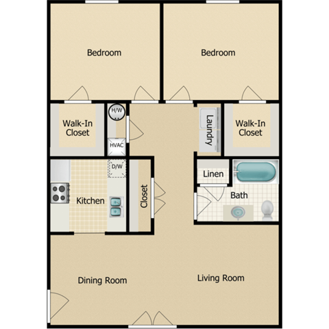 Floor plan for 2 beds, 1 bath, 850 sqft