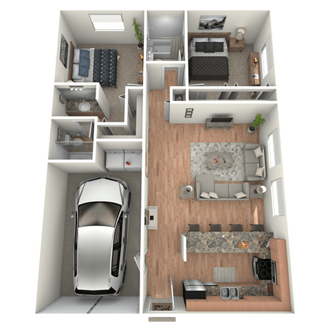 Floor plan for 2 beds, 2 baths, 1370 sqft