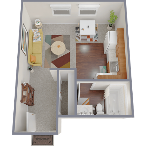 Floor plan for studio, 1 bath, 389 sqft