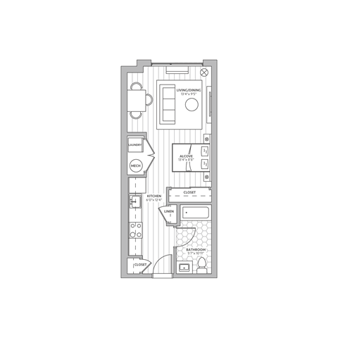 Floor plan for studio, 1 bath, 484 sqft