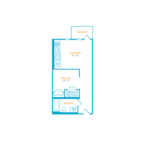 Floor plan for studio, 1 bath, 492 sqft