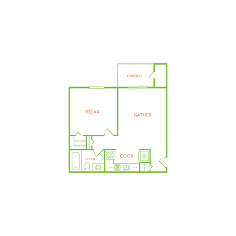 Floor plan for 1 bed, 1 bath, 500 sqft
