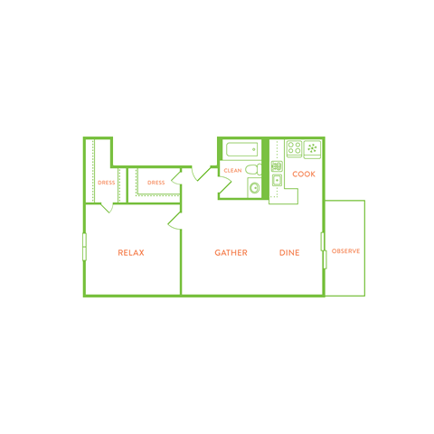 Floor plan for 1 bed, 1 bath, 500 sqft