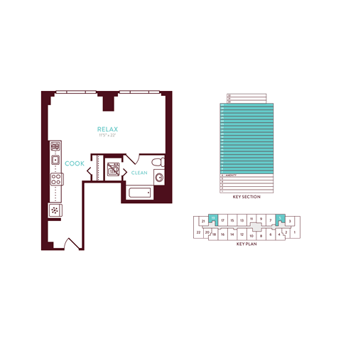 Floor plan for studio, 1 bath, 517 sqft