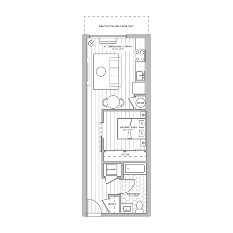 Floor plan for studio, 1 bath, 553 sqft