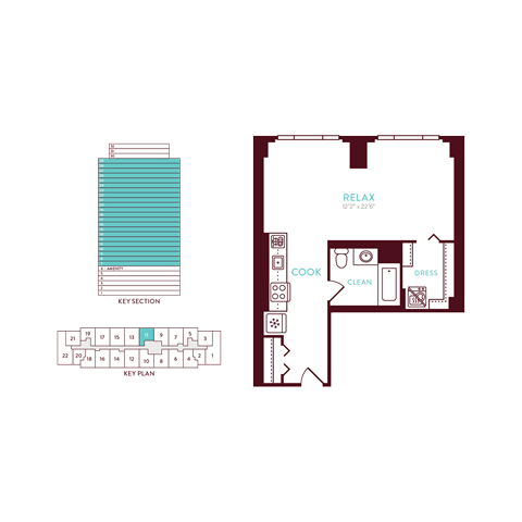 Floor plan for studio, 1 bath, 554 sqft