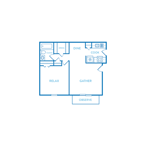 Floor plan for 1 bed, 1 bath, 559 sqft