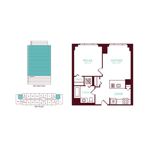 Floor plan for 1 bed, 1 bath, 570 sqft
