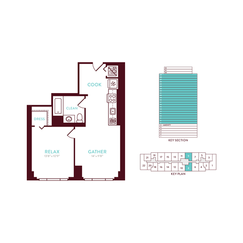 Floor plan for 1 bed, 1 bath, 582 sqft