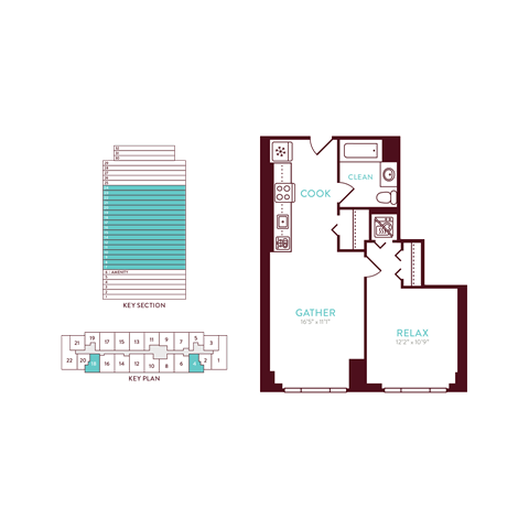 Floor plan for 1 bed, 1 bath, 584 sqft