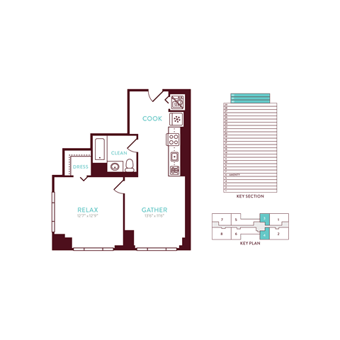 Floor plan for 1 bed, 1 bath, 599 sqft