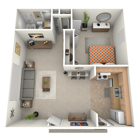 Floor plan for 1 bed, 1 bath, 600 sqft