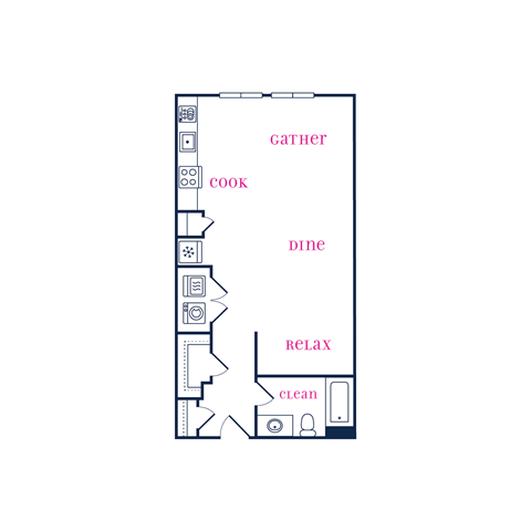 Floor plan for studio, 1 bath, 612 sqft