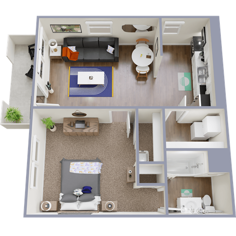 Floor plan for 1 bed, 1 bath, 613 sqft