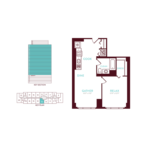 Floor plan for 1 bed, 1 bath, 627 sqft
