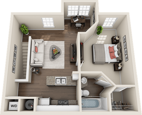 Floor plan for 1 bed, 1 bath, 629 sqft