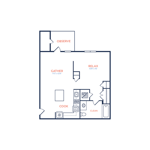 Floor plan for studio, 1 bath, 629 sqft