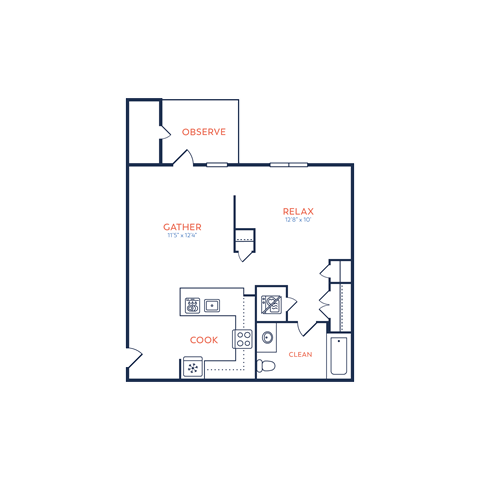 Floor plan for studio, 1 bath, 629 sqft
