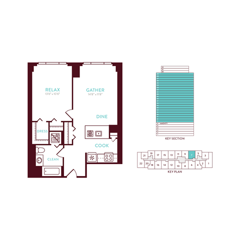 Floor plan for 1 bed, 1 bath, 653 sqft