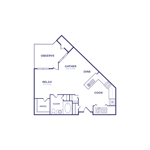 Floor plan for studio, 1 bath, 658 sqft