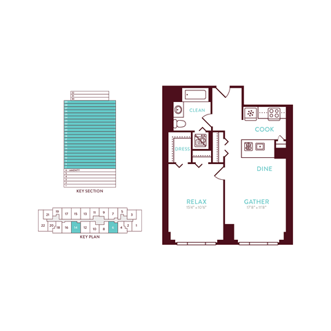 Floor plan for 1 bed, 1 bath, 670 sqft