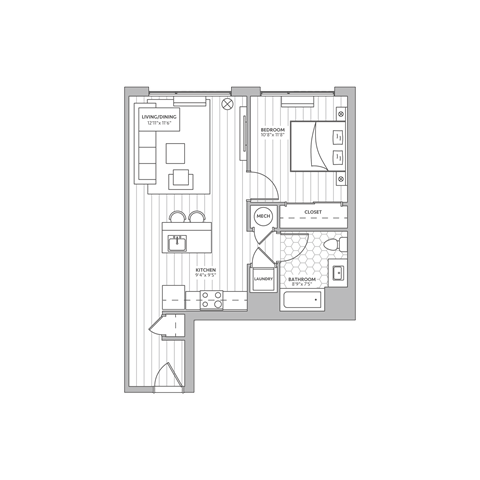 Floor plan for 1 bed, 1 bath, 670 sqft