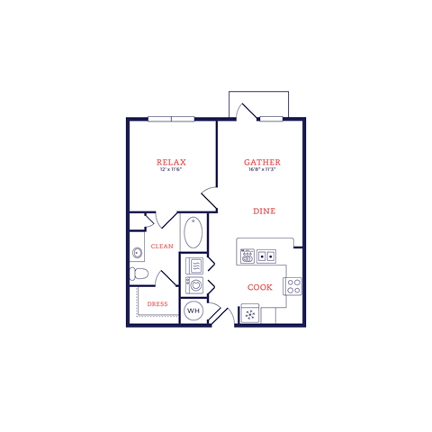 Floor plan for 1 bed, 1 bath, 671 sqft