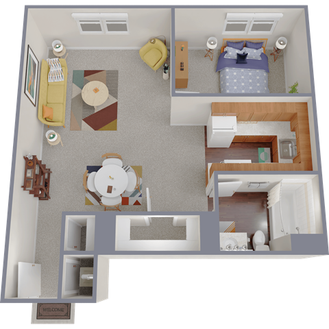 Floor plan for 1 bed, 1 bath, 677 sqft