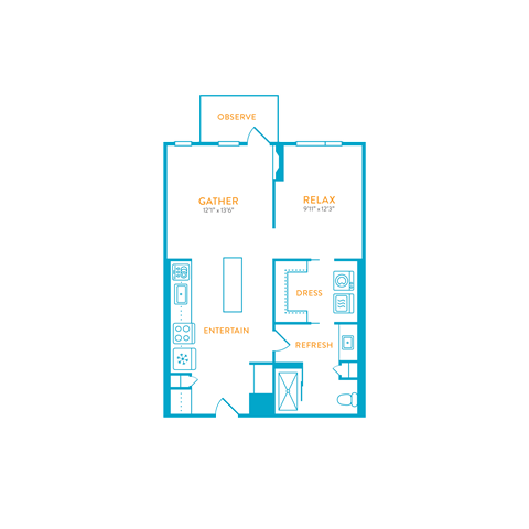 Floor plan for 1 bed, 1 bath, 677 sqft