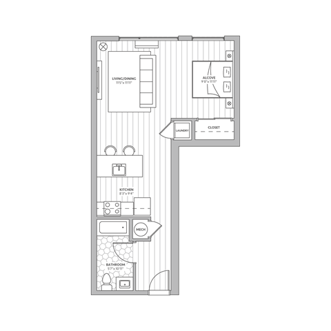 Floor plan for studio, 1 bath, 676 sqft