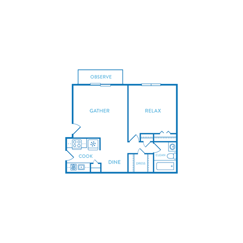 Floor plan for 1 bed, 1 bath, 680 sqft